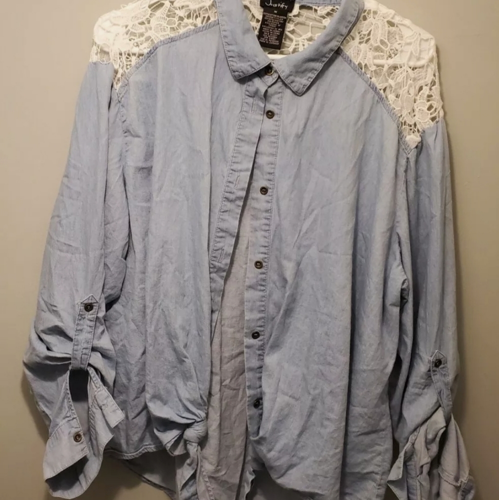 Justify 1X Long Sleeve Womens Button Up Top w/ Cotton Lace Yoke, Hem/Sleeve Ties